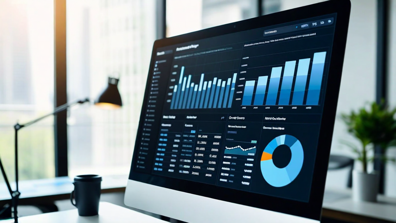 Clean data visualization dashboard showing credit analysis graphs and analytics, soft natural office light