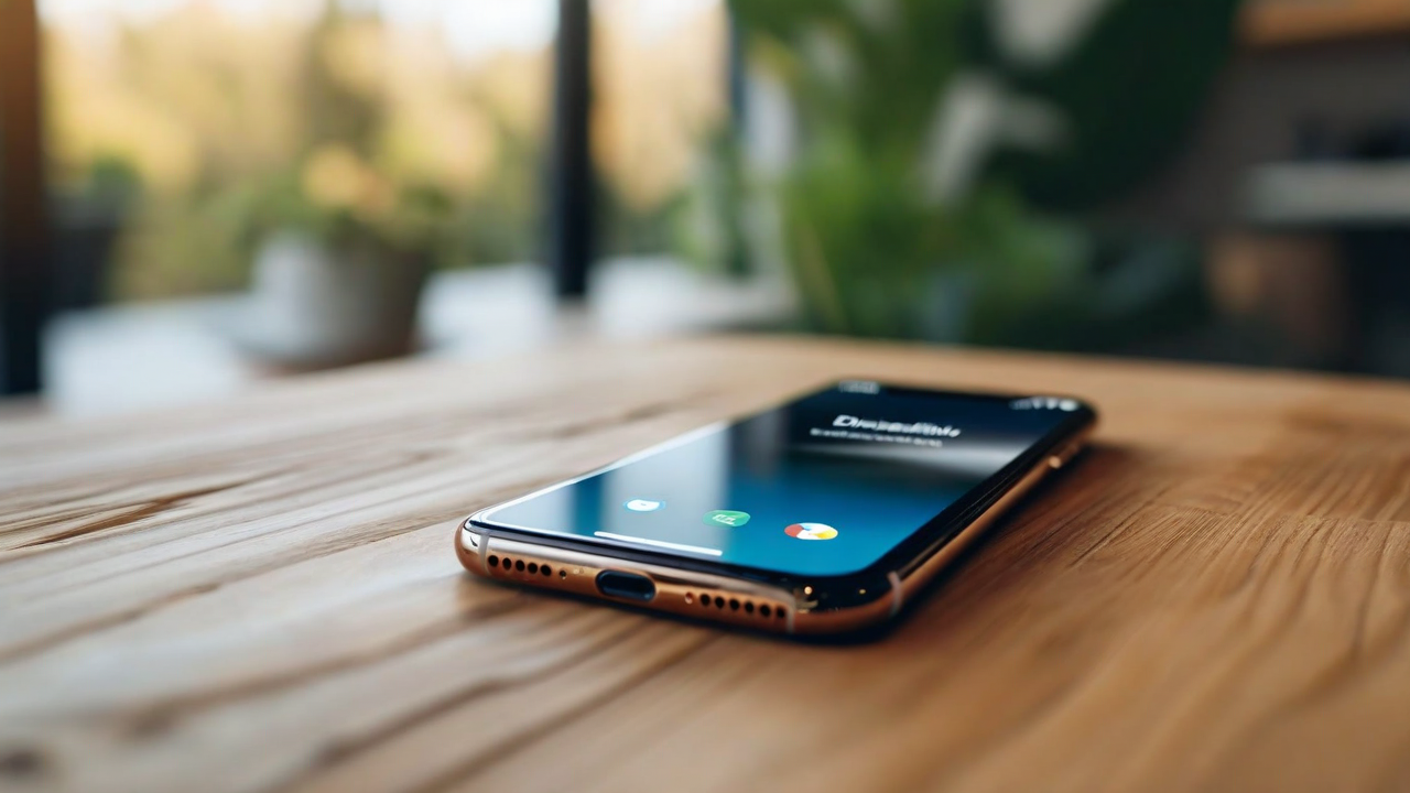 Mobile phone displaying a digital wallet interface, warm natural light on a wooden surface, clean minimal design