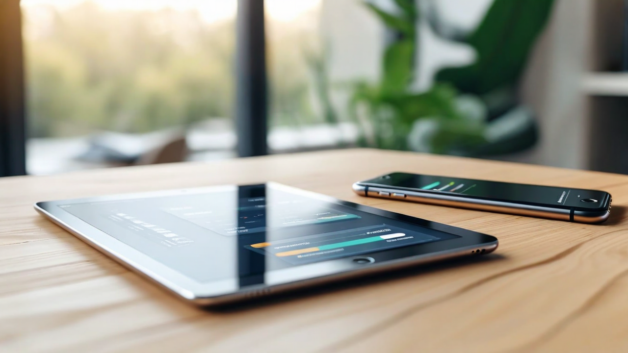 Smartphone app interface showing payment and financial tools integrated into a retail platform, clean light wooden desk