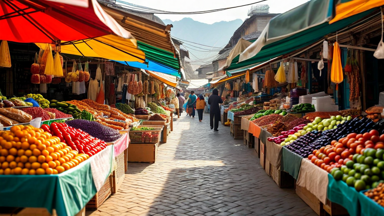 Vibrant Latin American city street scene with colorful market stalls, warm afternoon sunlight, natural colors