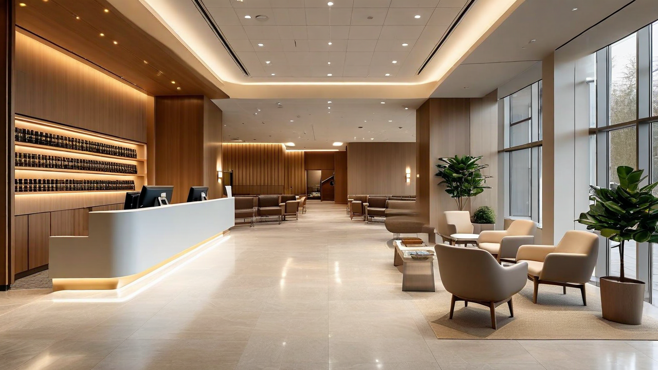 Modern bank branch interior with warm natural light, clean minimalist design, welcoming atmosphere
