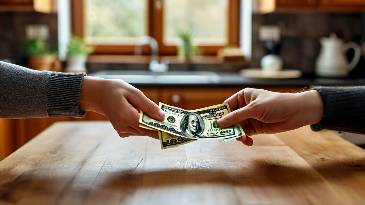 Hands exchanging currency notes across a table, warm natural indoor light, family home setting