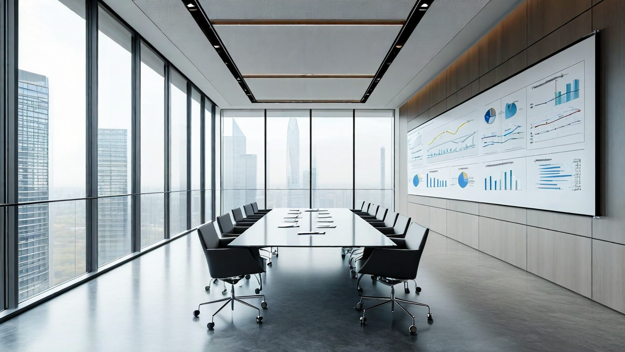 Modern conference room with whiteboards and investment charts, soft natural daylight through large windows