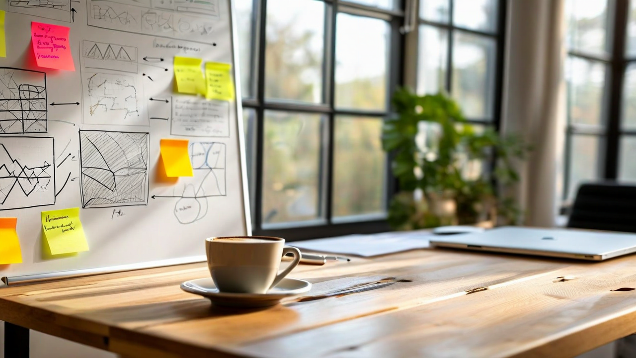 Early-stage investment decisions, founders whiteboarding strategy in a modern workspace